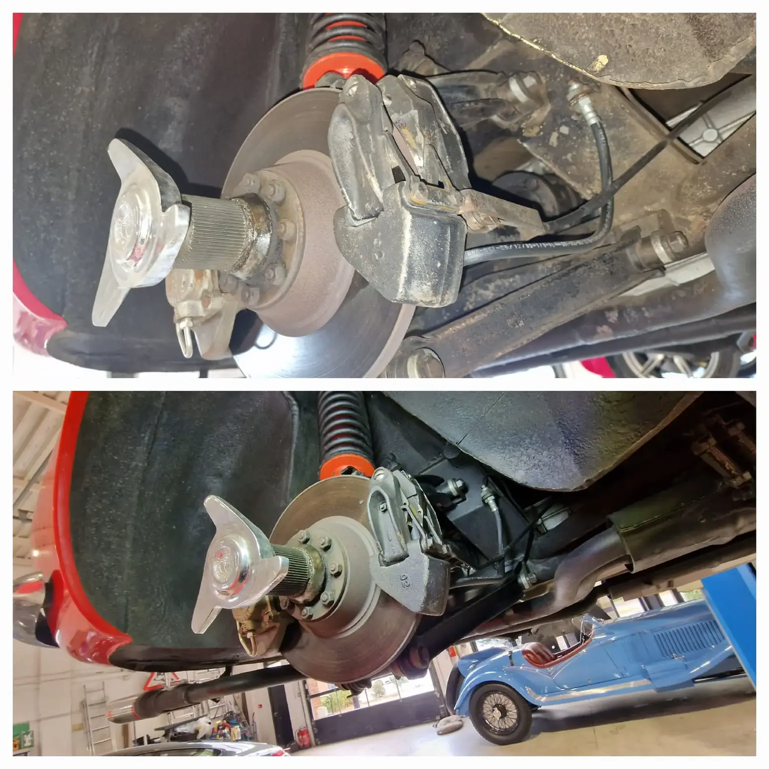 Before vs after shot of the parts in the wheel compartment after being dry ice blast cleaned