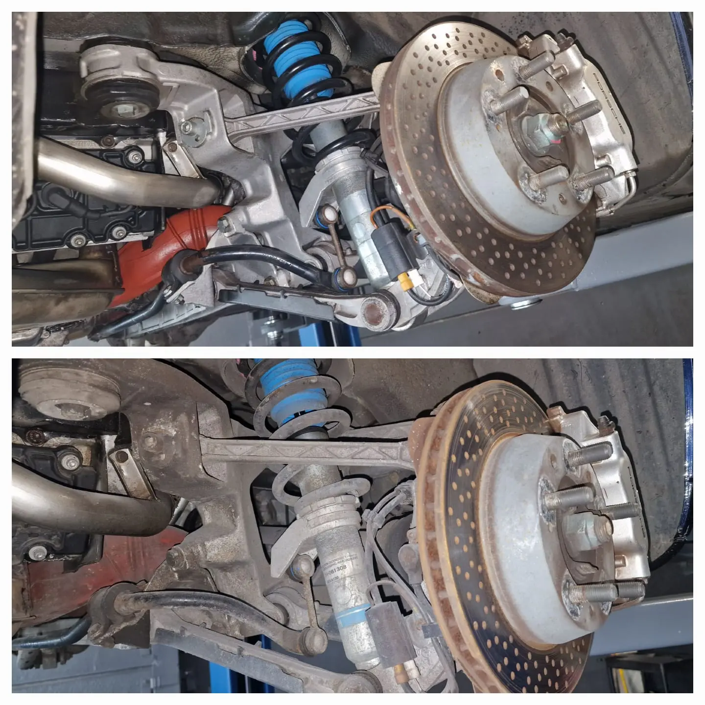 Before vs after shot of a bare car wheel and suspension after being dry ice blast cleaned