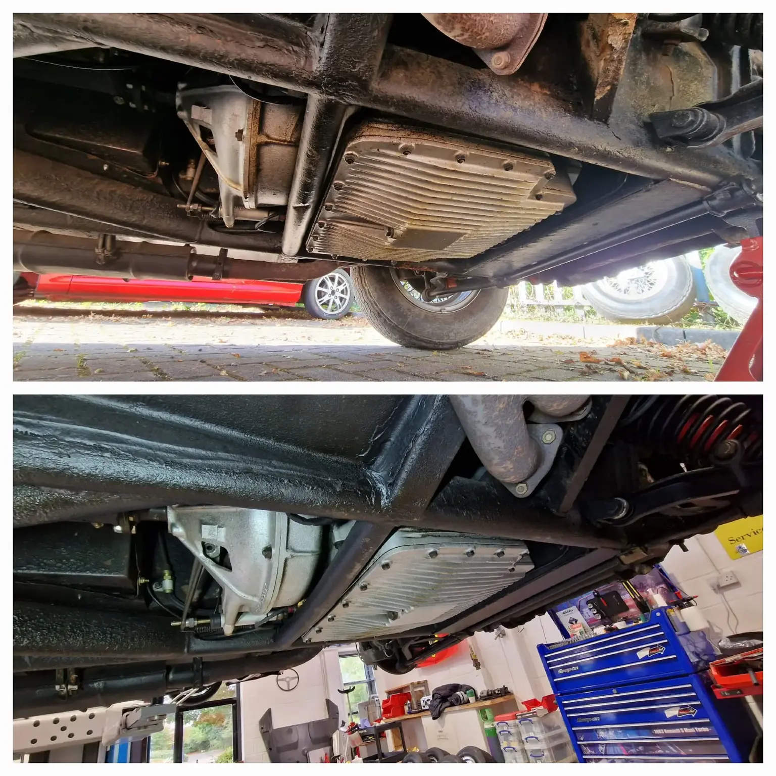 Before vs after shot of the underside of a car after being dry ice blast cleaned