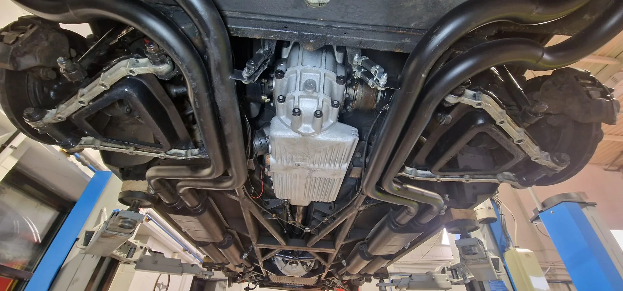 Spotless underside of an engine after it has been dry ice blast cleaned